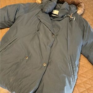 London Fog powder blue Quilted Coat with Brown Fur Trim 90s